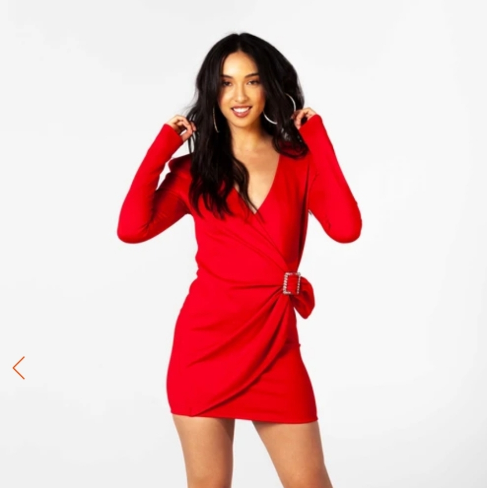 eggie Mon Cheri Red Wrap Mini Long Sleeve Dress